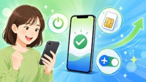 スマートフォンのトラブルが解決し、再起動やSIMカード確認などの対処方法を表現したイラスト